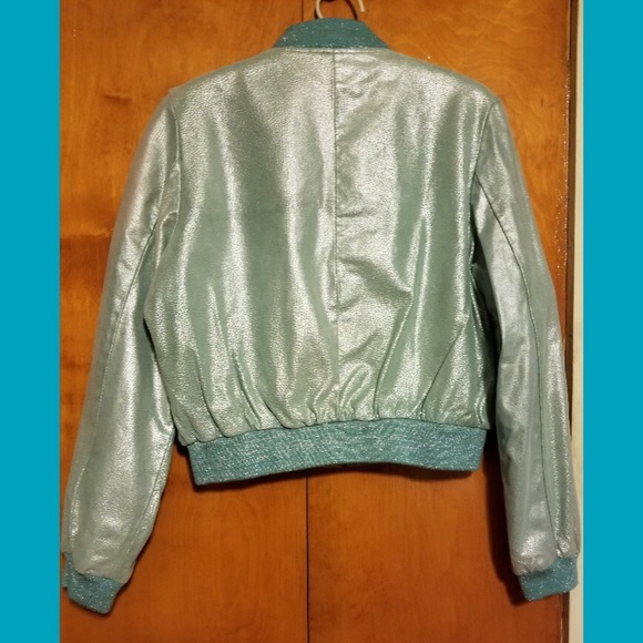 Vintage 90s AQUA Blue Glittery Metallic Leather Bomber Jacket NOS - Picture 5 of 9